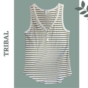 Tribal Henley Stripe Tank Top Button Detail White Green